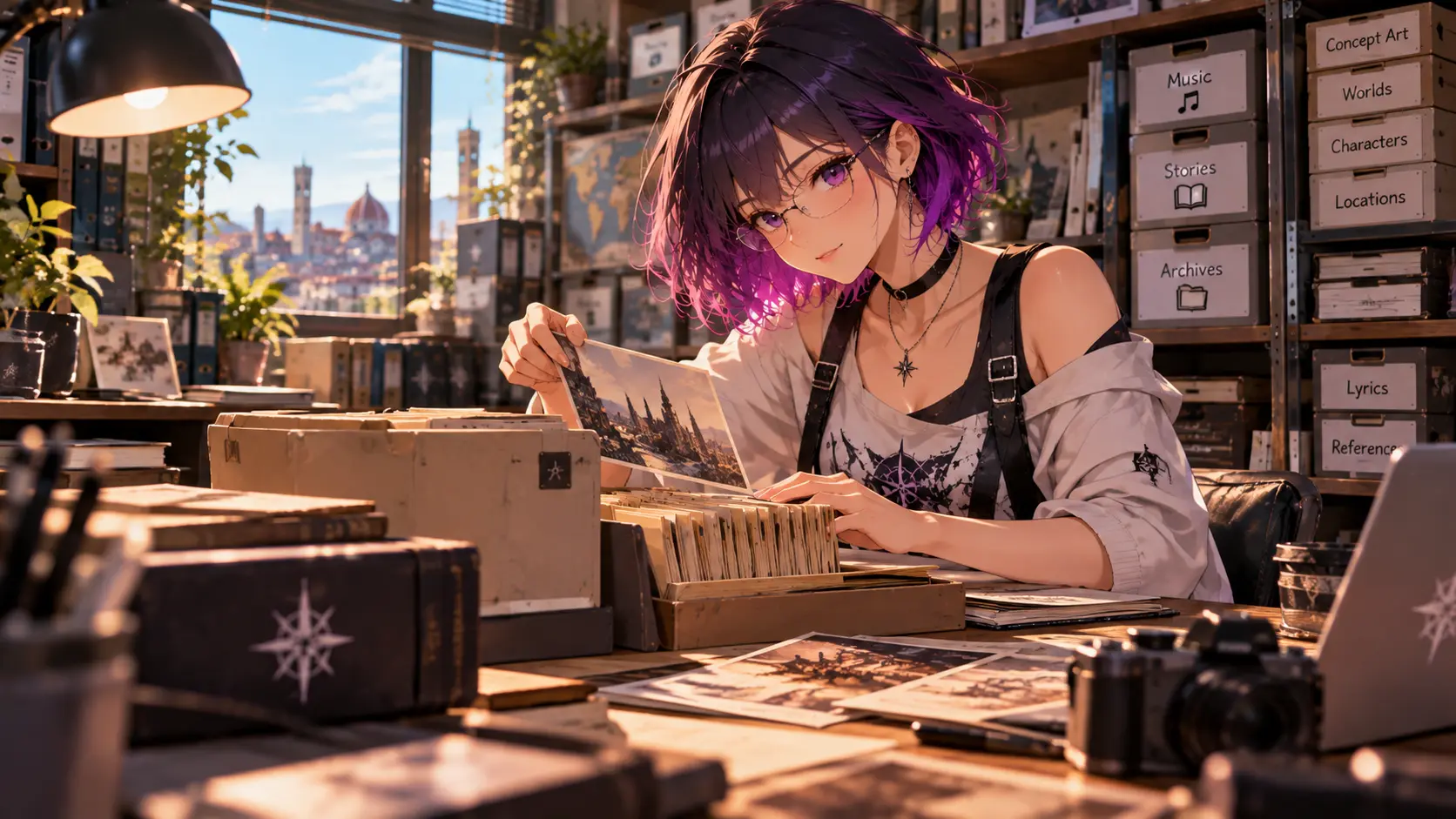 Lyria sorting photographs and folders in an archive room lined with labelled boxes.