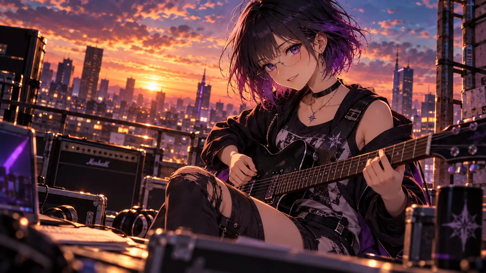 Lyria playing an electric guitar on a rooftop at sunset, the city skyline glowing behind her.