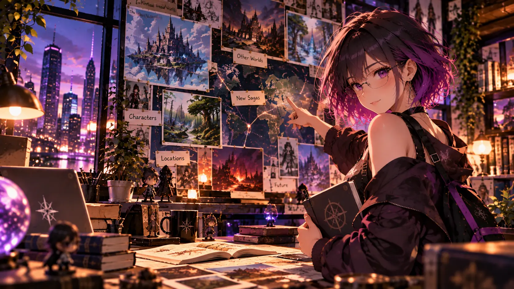 Lyria at a desk surrounded by saga artwork, notes and maps pinned to a corkboard.