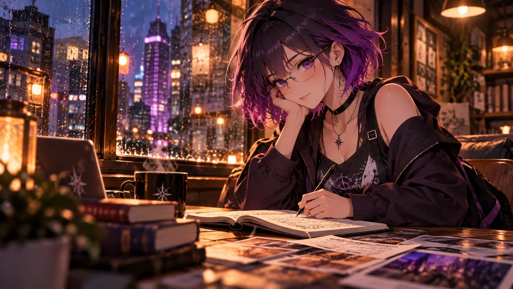 Lyria writing in a notebook at a café window at night, the rain-streaked city glowing behind her.