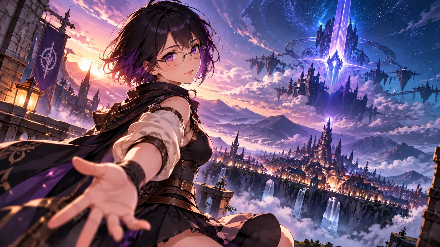 Lyria reaching toward a luminous floating citadel above a fantasy world at twilight.