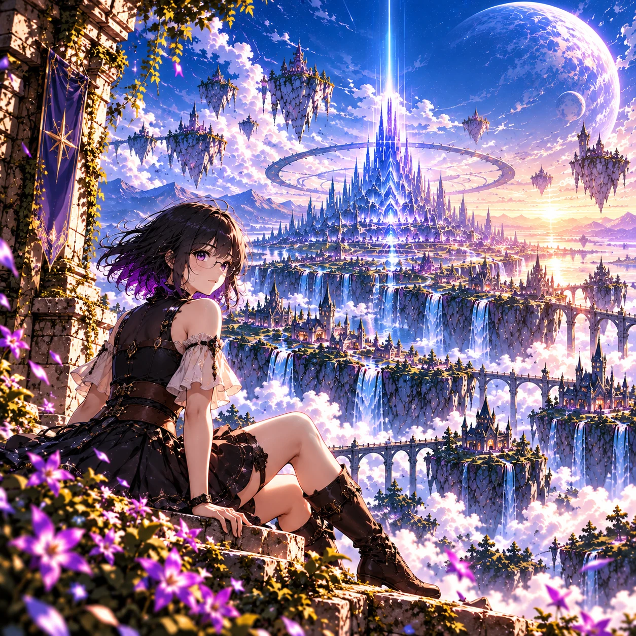 Lyria seated on a flowered stone ledge overlooking the floating citadel, waterfalls and arched bridges of the Virtual World at twilight.